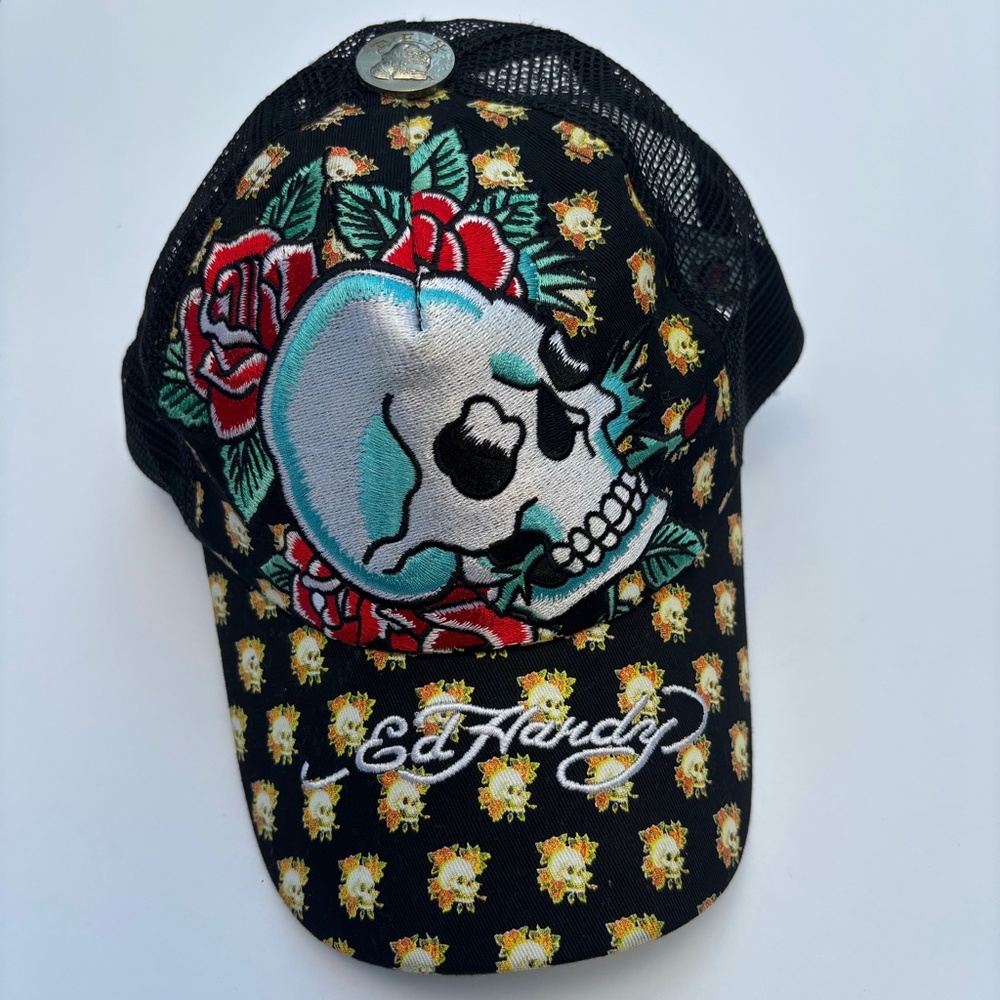Ed Hardy Embroidered Skull Trucker Cap - Unisex